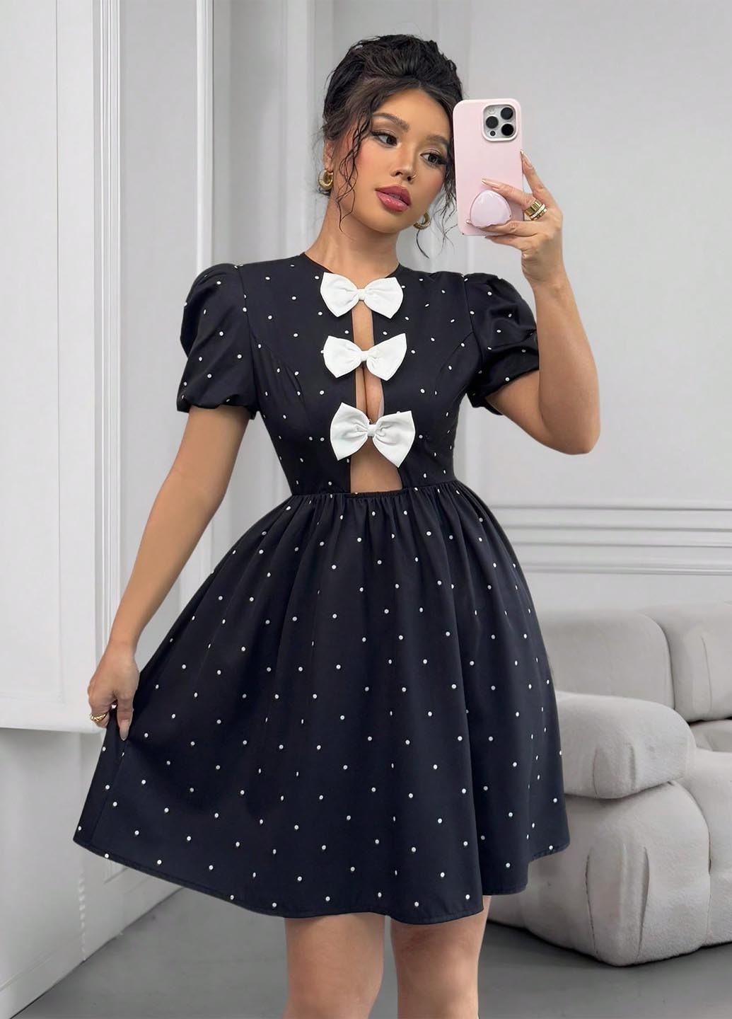 Черное праздничный, вечернее платье клеш, а-силуэт SHEIN в горошек