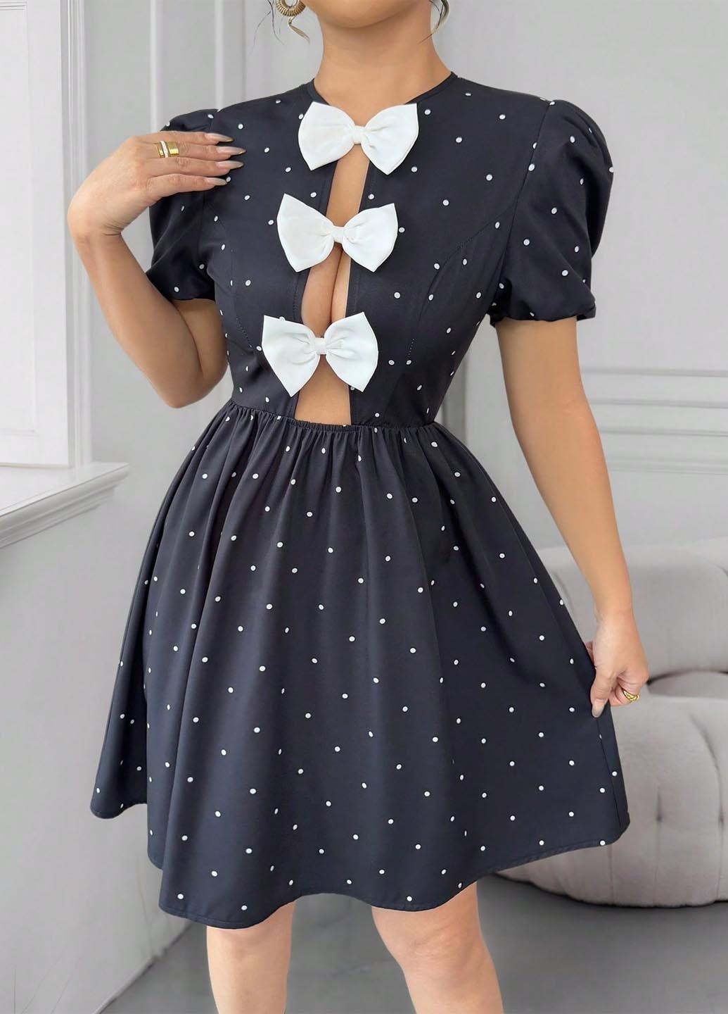 Черное праздничный, вечернее платье клеш, а-силуэт SHEIN в горошек