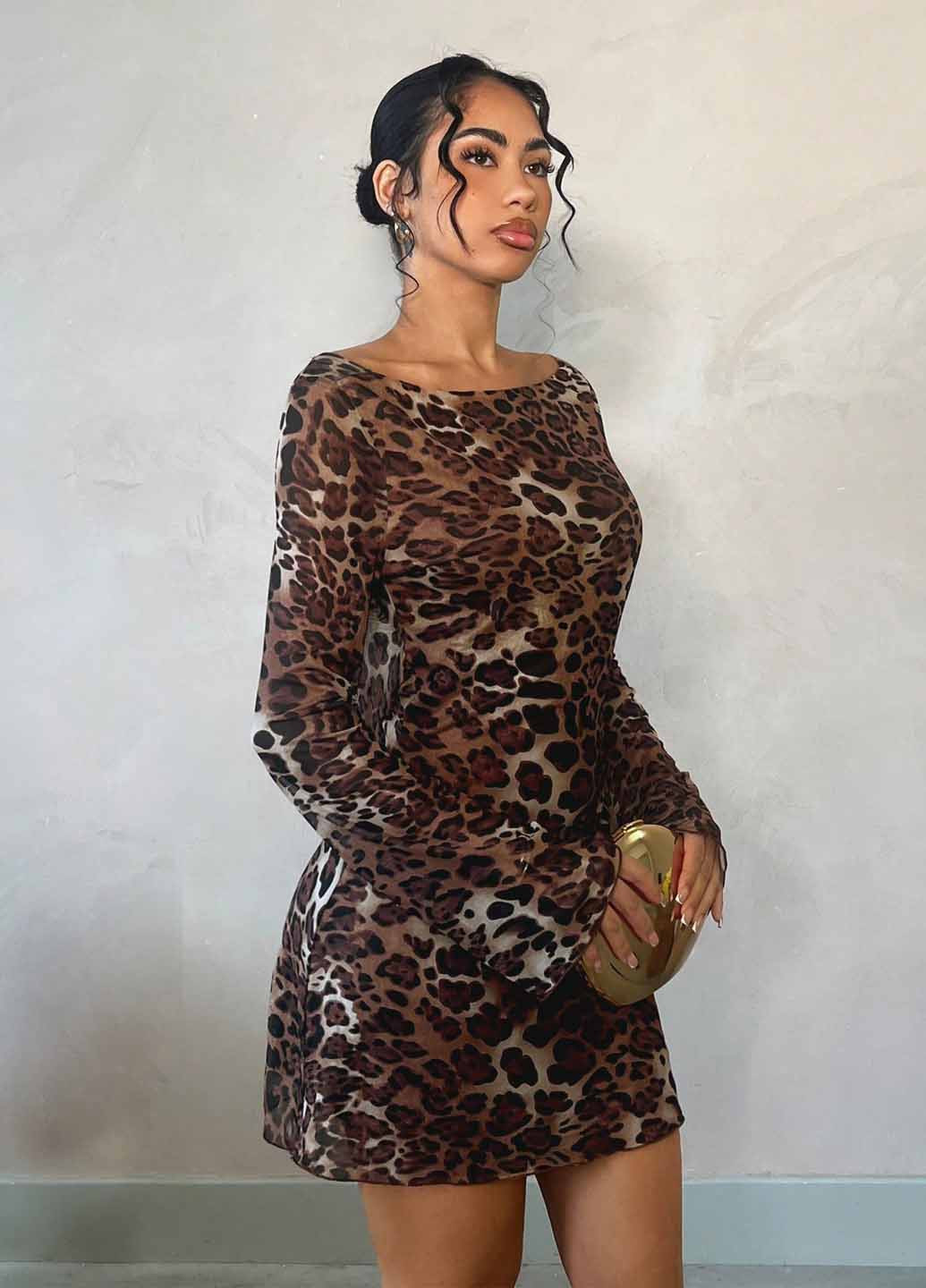 Коричнева вечірня сукня з відкритою спиною SHEIN леопардовий