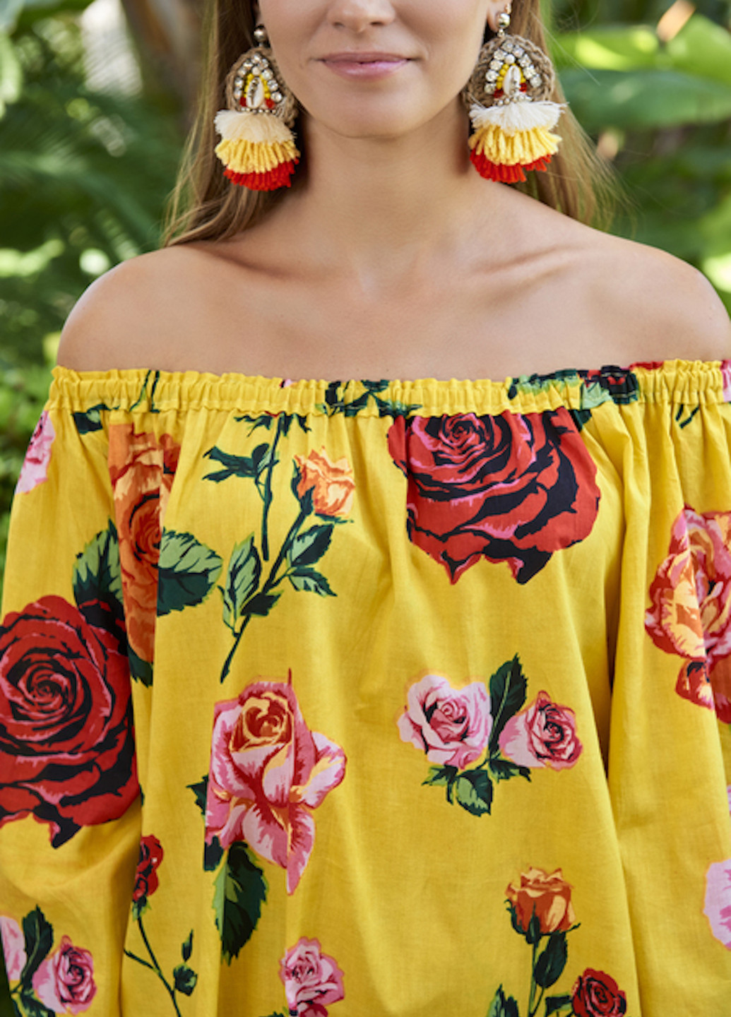Желтое пляжное платье с открытыми плечами, клеш Indiano с цветочным принтом