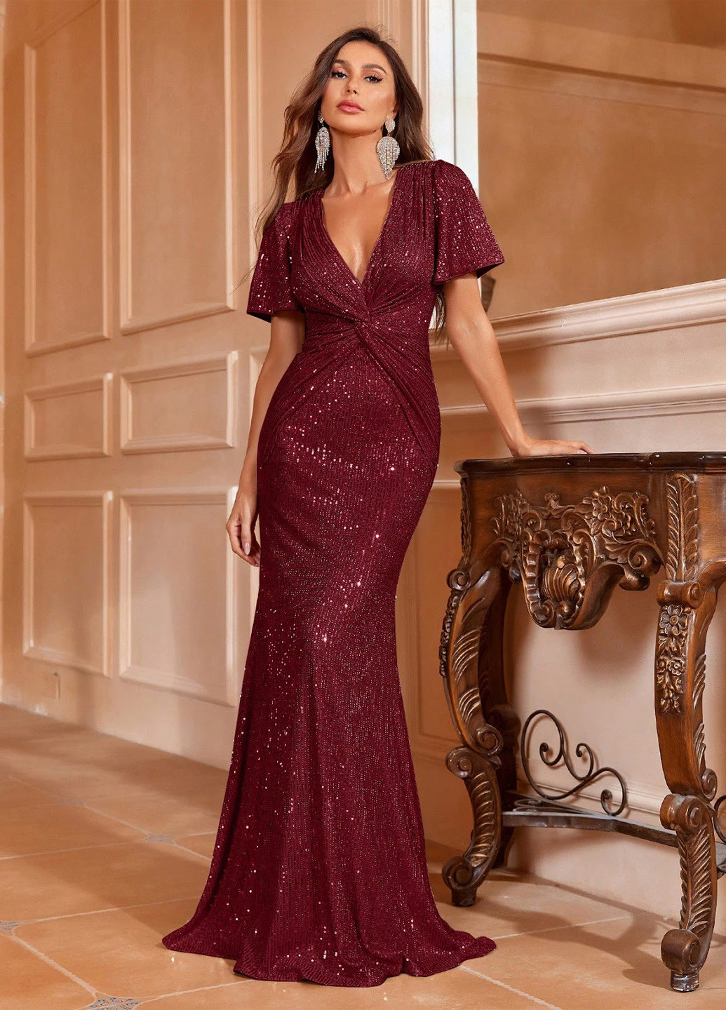 Бордовое вечернее платье годе SHEIN однотонное