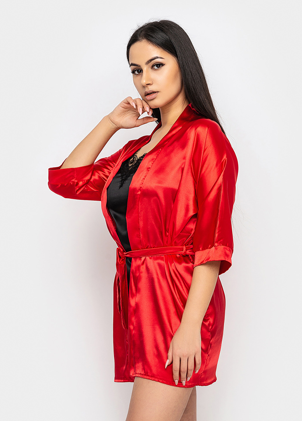 Светло-красный демисезонный комплект (халат, топ, шорты) Ghazel