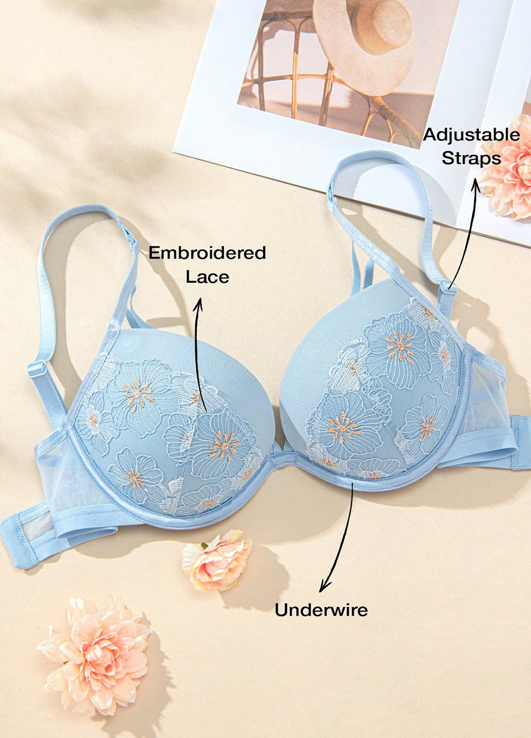 Блакитний балконет бюстгальтер SHEIN з кісточками поліамід