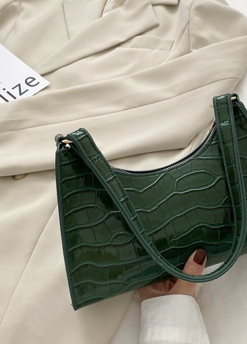 Женская маленькая сумочка через плечо багет на ремешке рептилия крокодиловая кожа зеленая NoName (251204016)