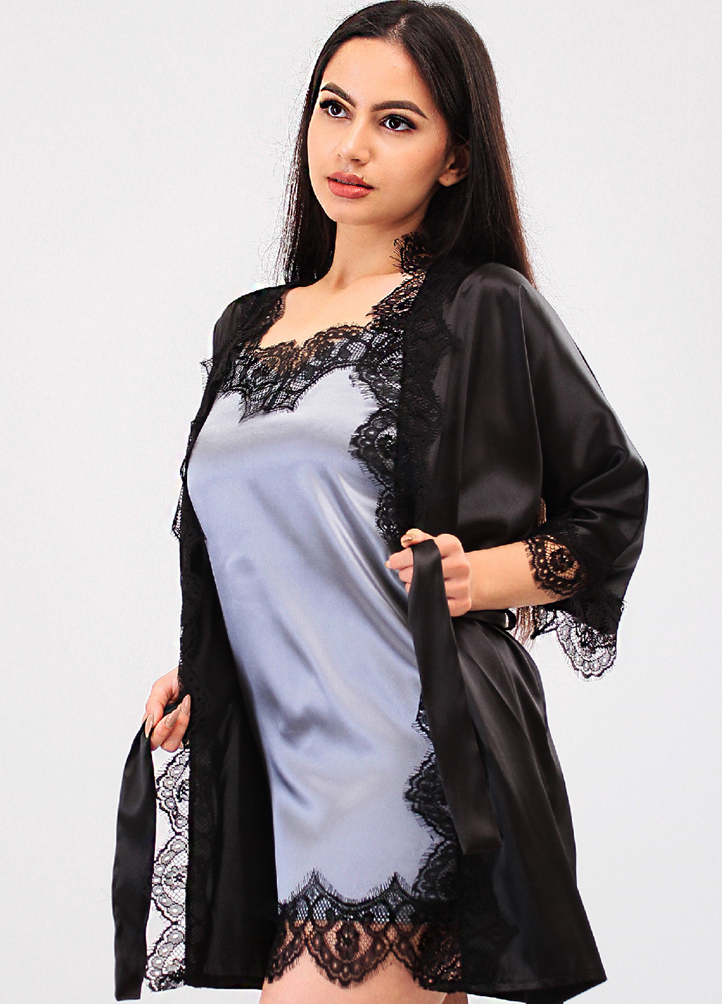 Серый демисезонный комплект (ночная рубашка, халат) Ghazel