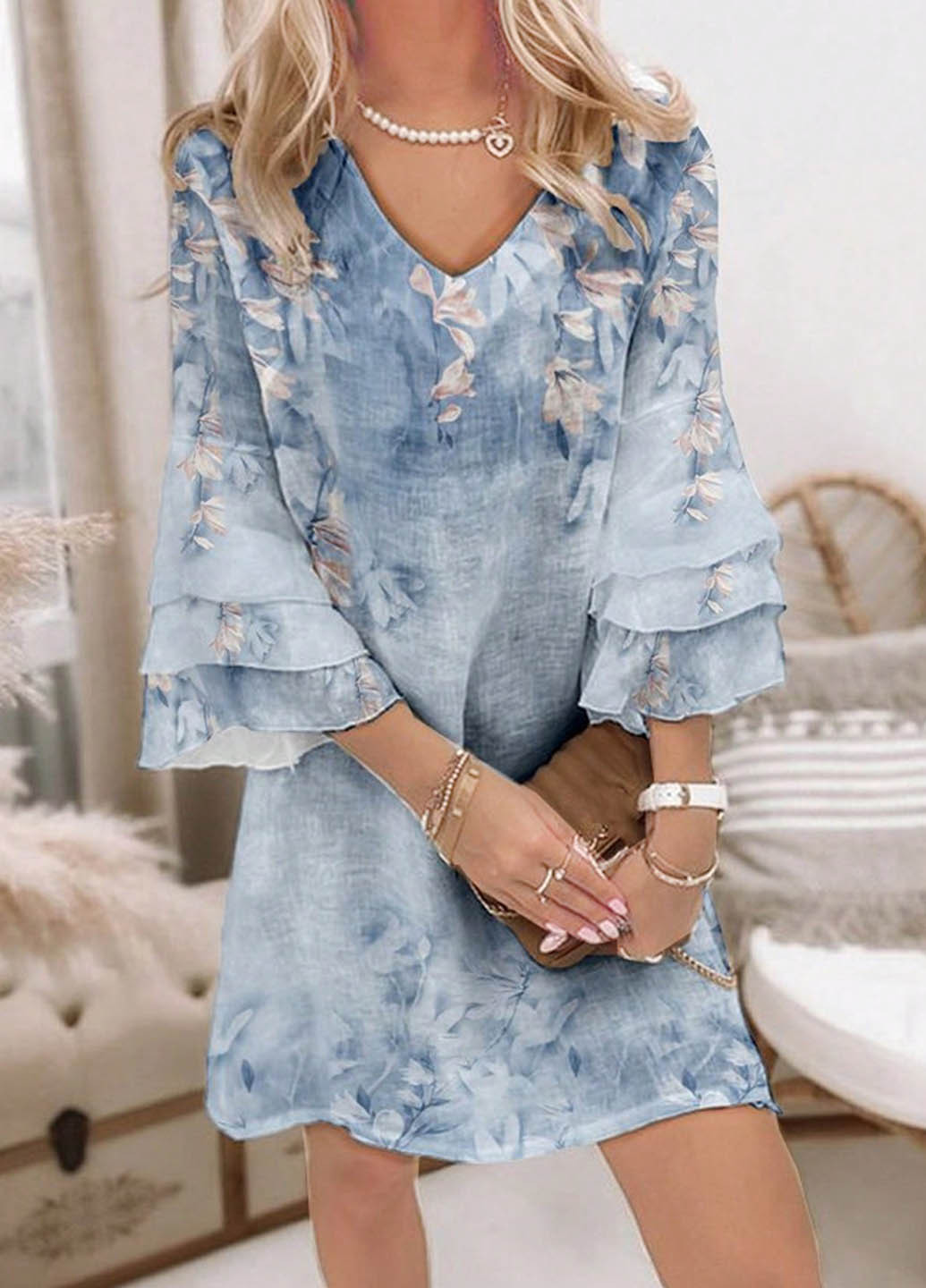 Сіро-голубий вечірня, кежуал сукня SHEIN з квітковим принтом