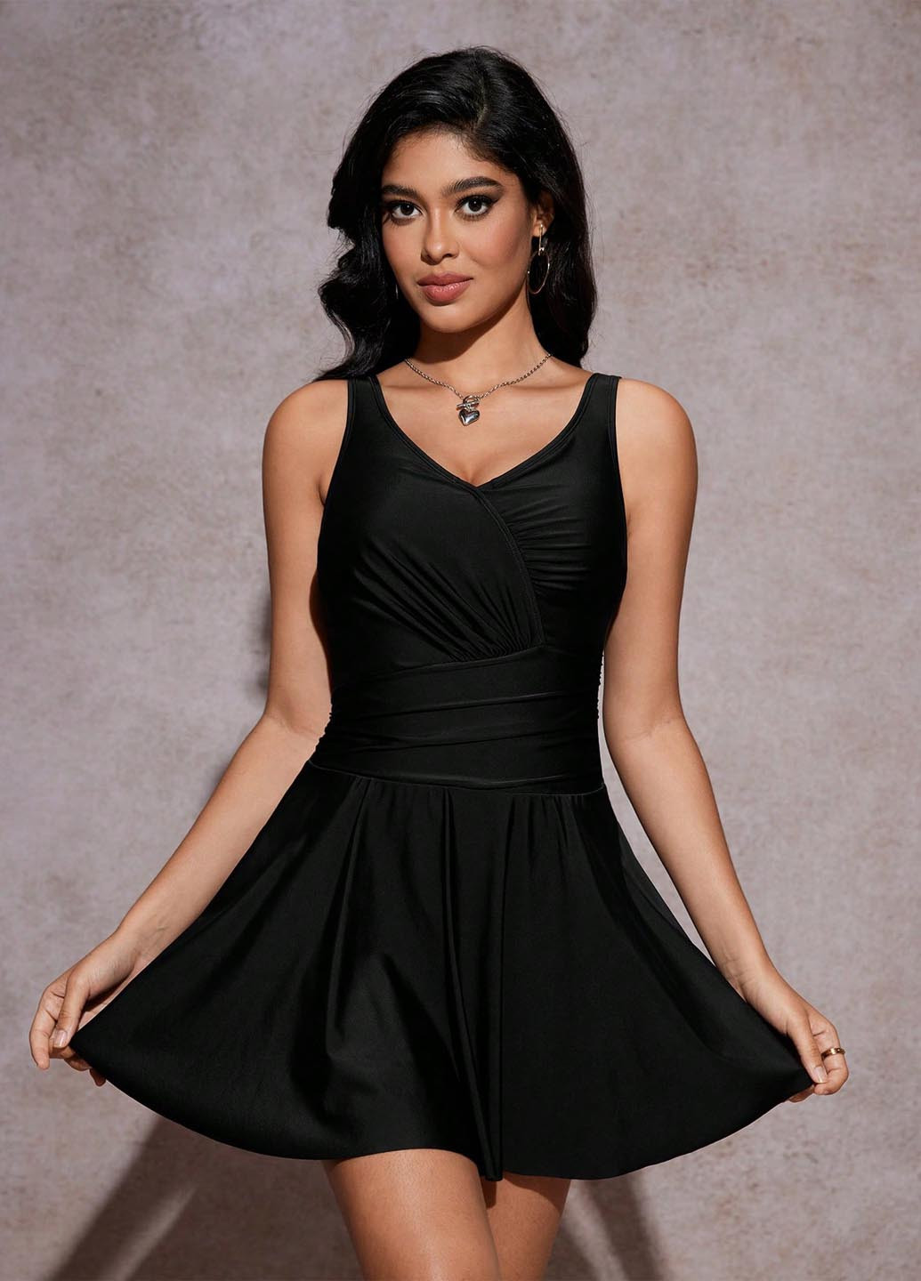 Черный летний купальник слитный, купальник-платье SHEIN