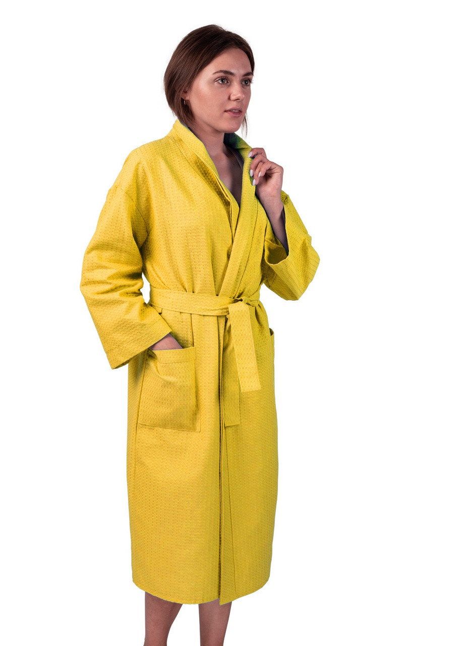Вафельний халат Кімоно розмір (50-52) L 100% бавовна жовтий (LS-151) Luxyart (211566842)