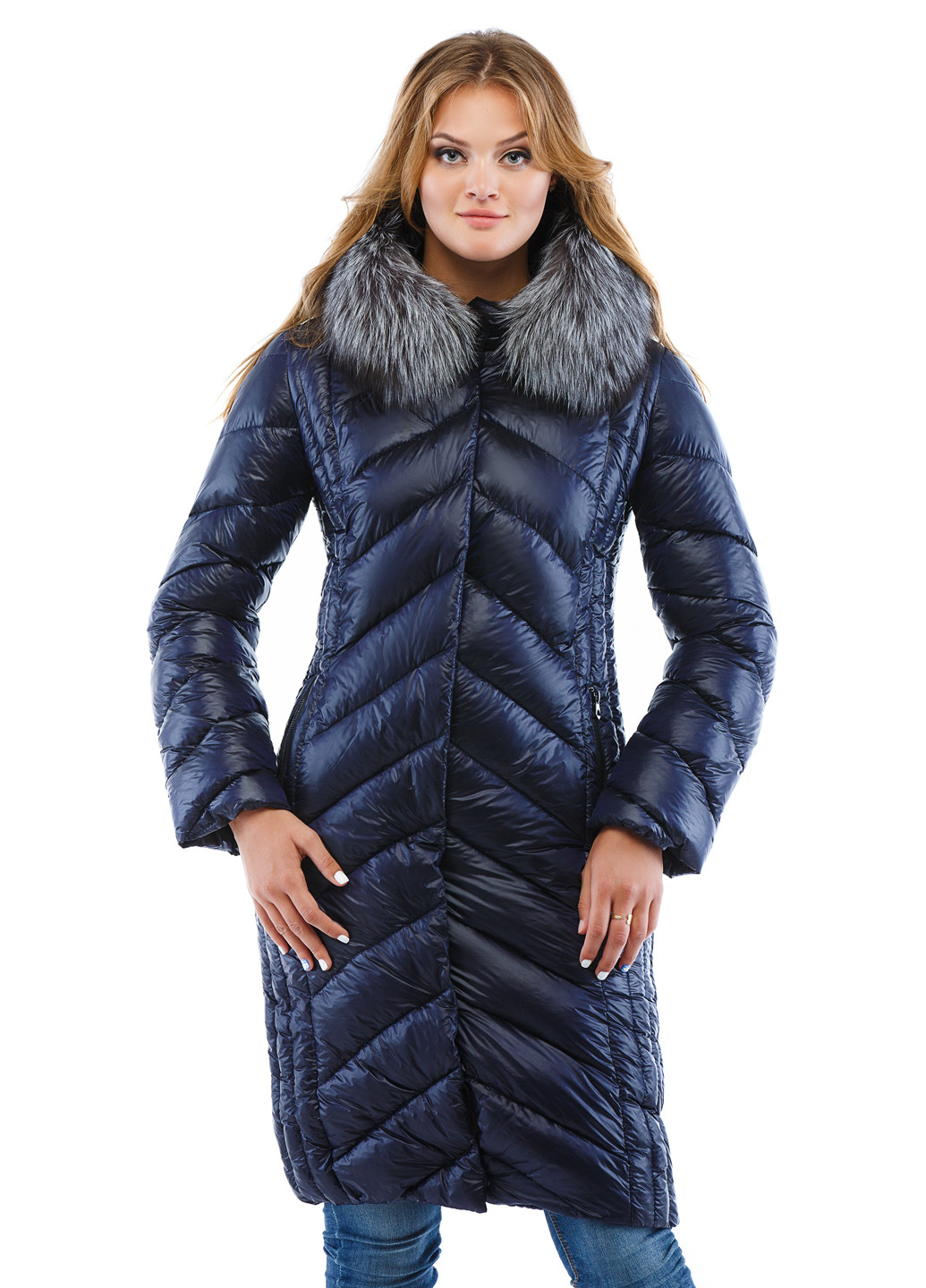 Темно-синяя зимняя куртка (мех чернобурки) MN