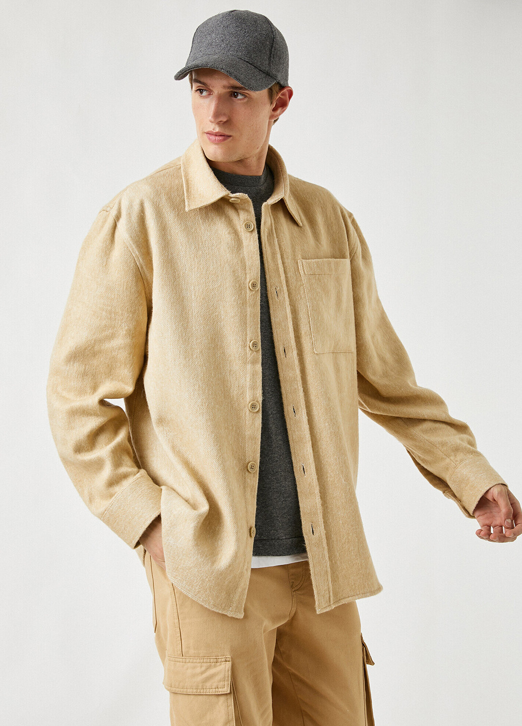 Куртка-рубашка KOTON однотонная бежевая кэжуал