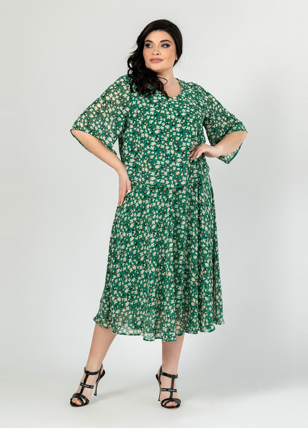 Зеленое кэжуал платье клеш A'll Posa с цветочным принтом
