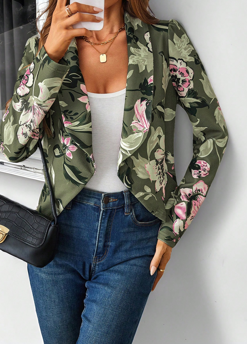 Зеленый женский жакет SHEIN с цветочным узором - демисезонный