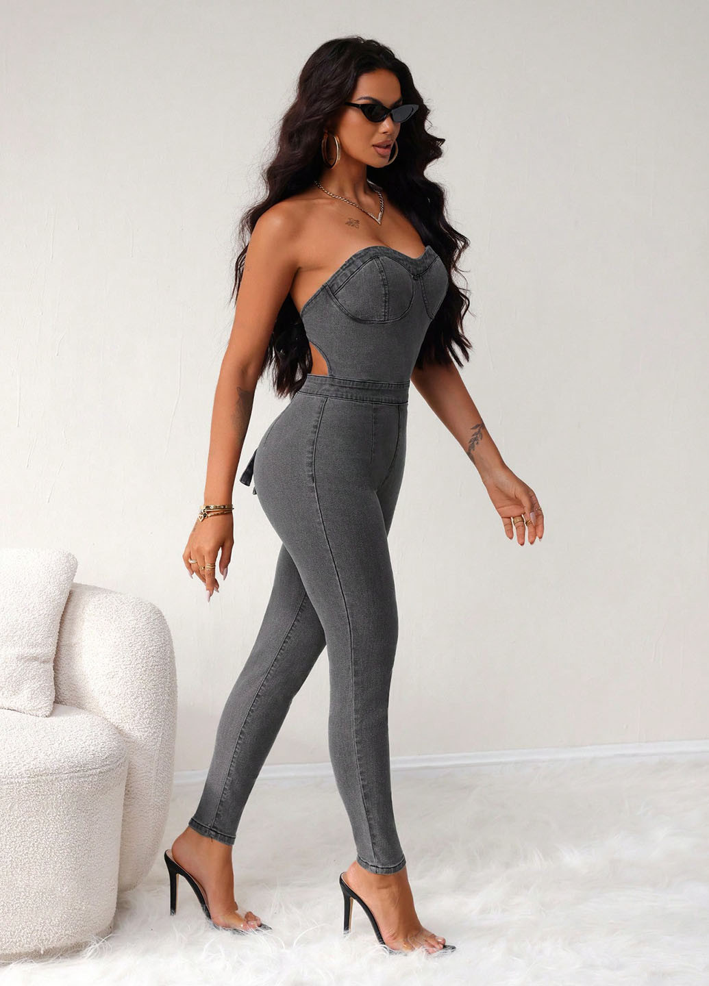 Комбинезон SHEIN комбинезон-брюки однотонный серый денил хлопок, джинс