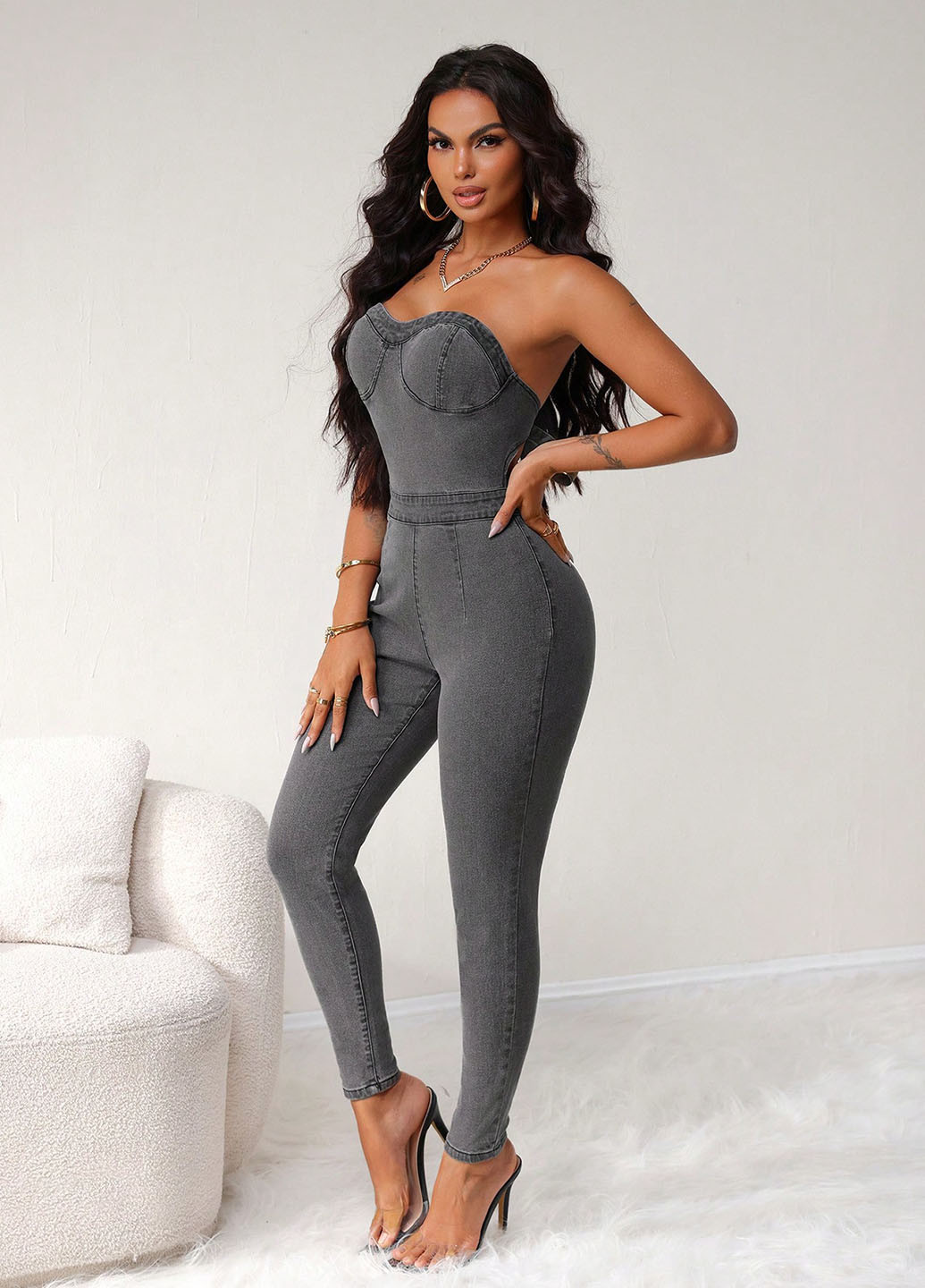 Комбинезон SHEIN комбинезон-брюки однотонный серый денил хлопок, джинс