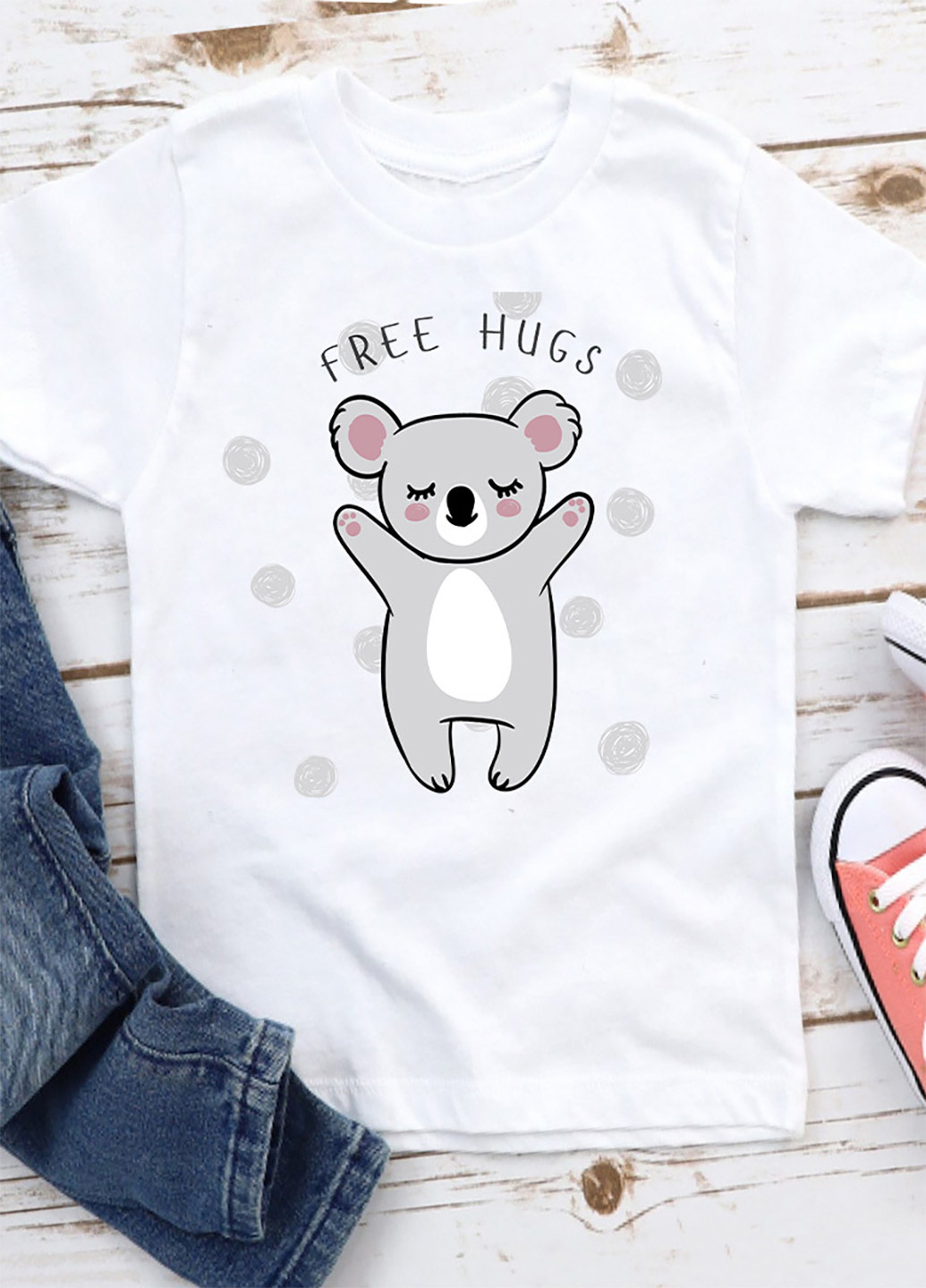 Біла демісезонна футболка дитяча біла koala free hugs love & live Love&Live