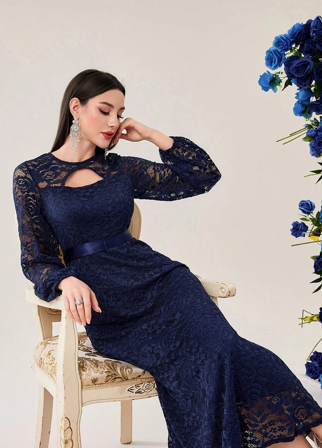 Темно-синее кэжуал платье а-силуэт SHEIN однотонное
