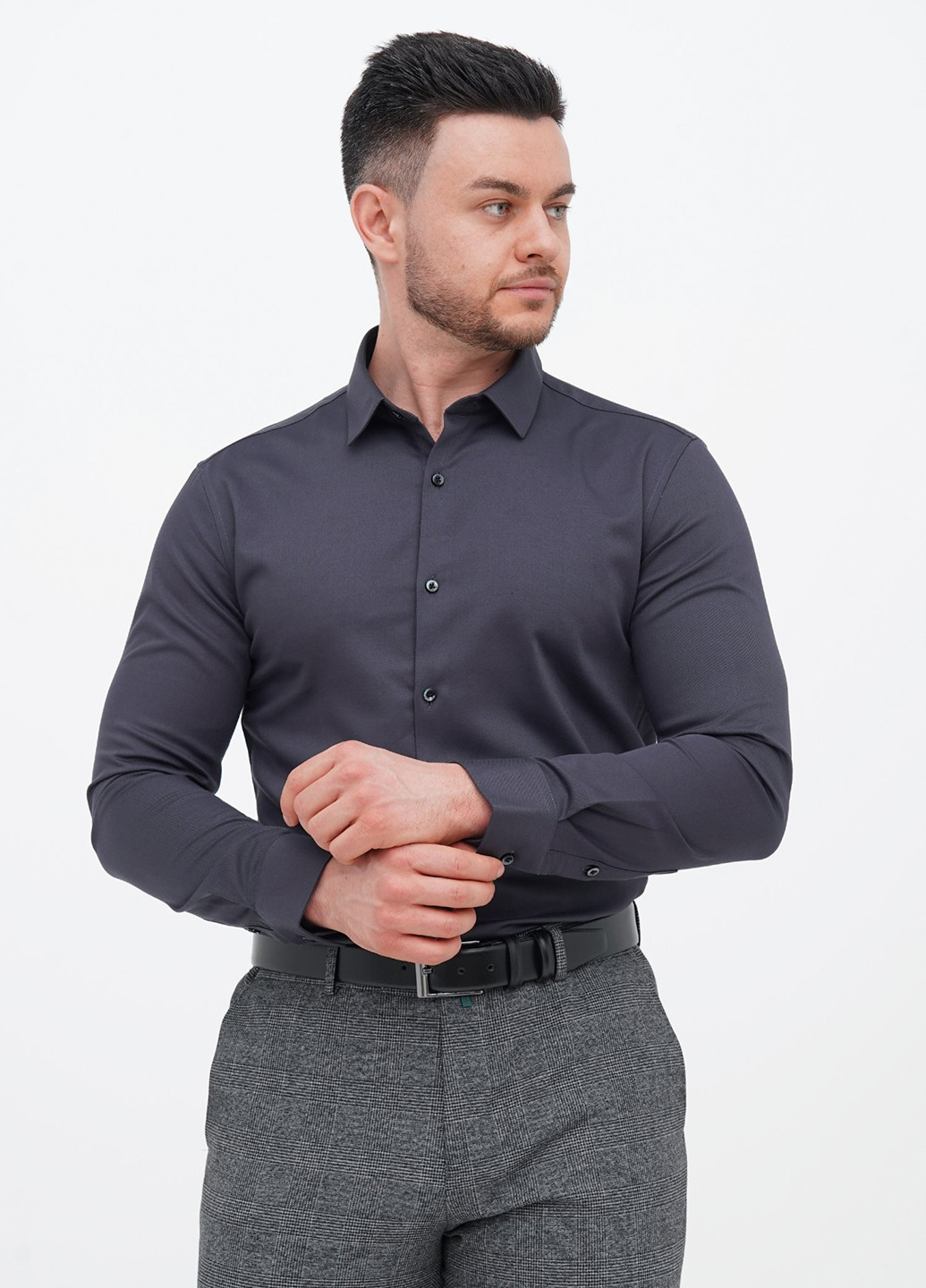Темно-серая кэжуал, классическая рубашка однотонная Trend Collection