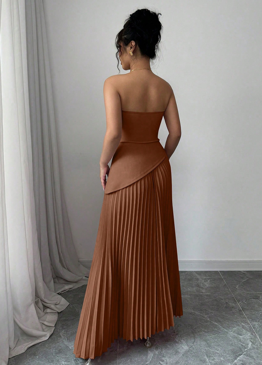 Светло-коричневое вечернее, кэжуал платье бандо, плиссированное SHEIN однотонное