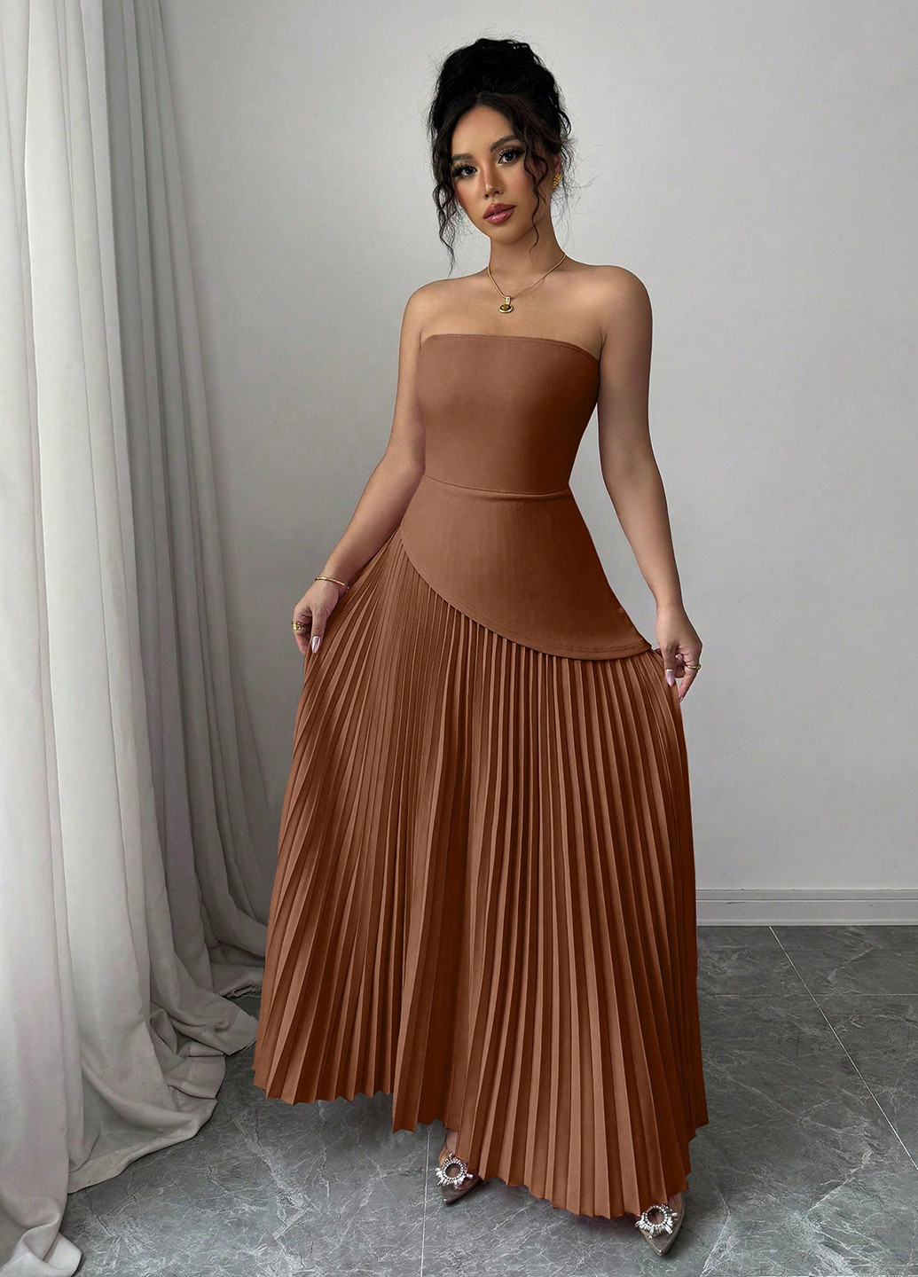 Светло-коричневое вечернее, кэжуал платье бандо, плиссированное SHEIN однотонное