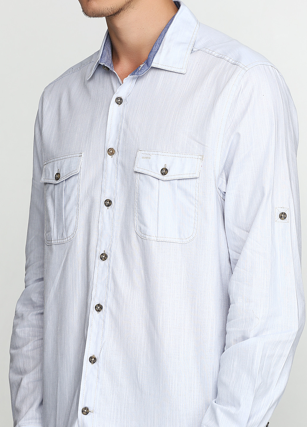 Голубой кэжуал рубашка однотонная DeFacto с длинным рукавом
