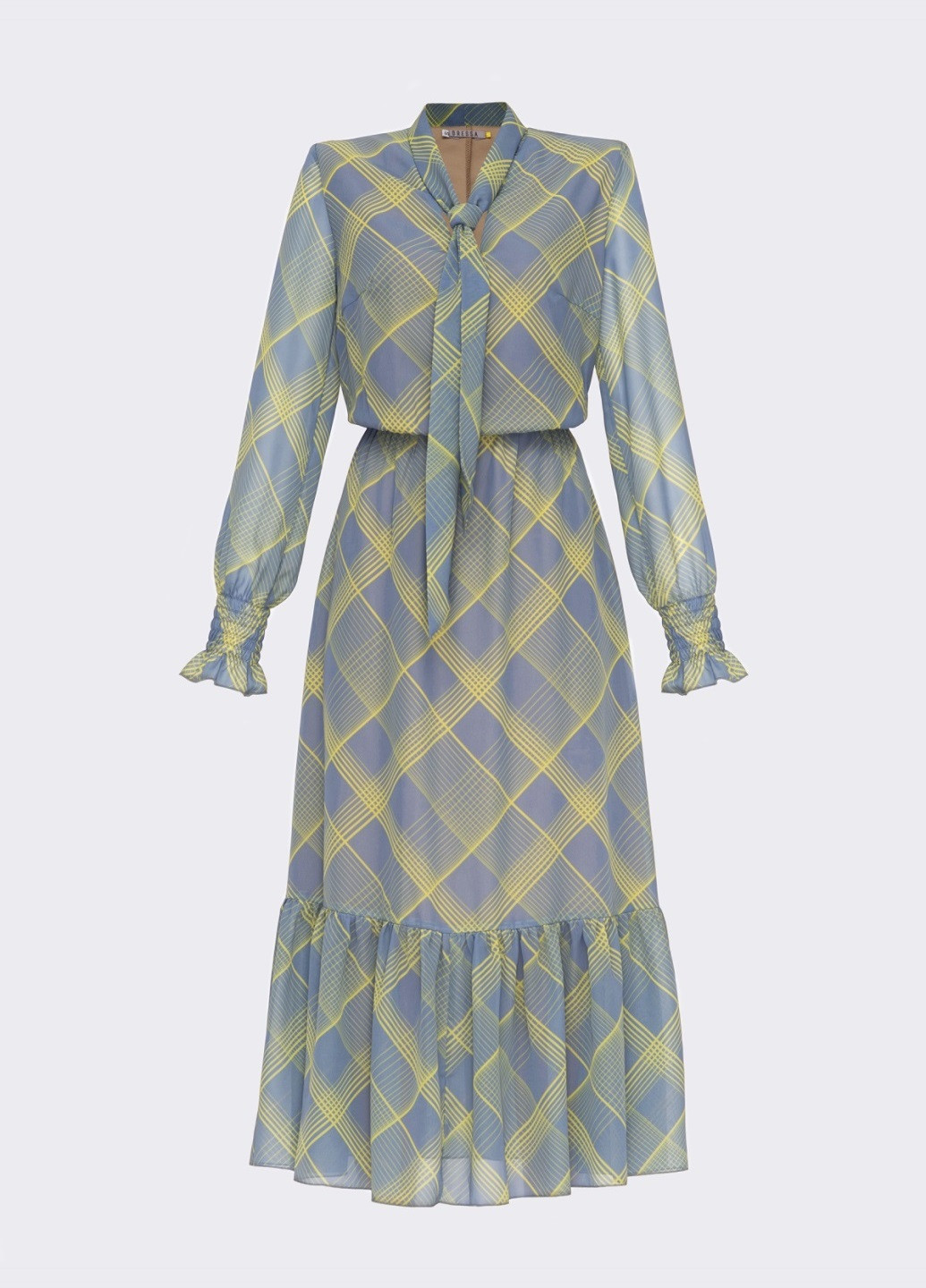 Серое кэжуал расклешенное платье в клетку и воланом по низу серое Dressa