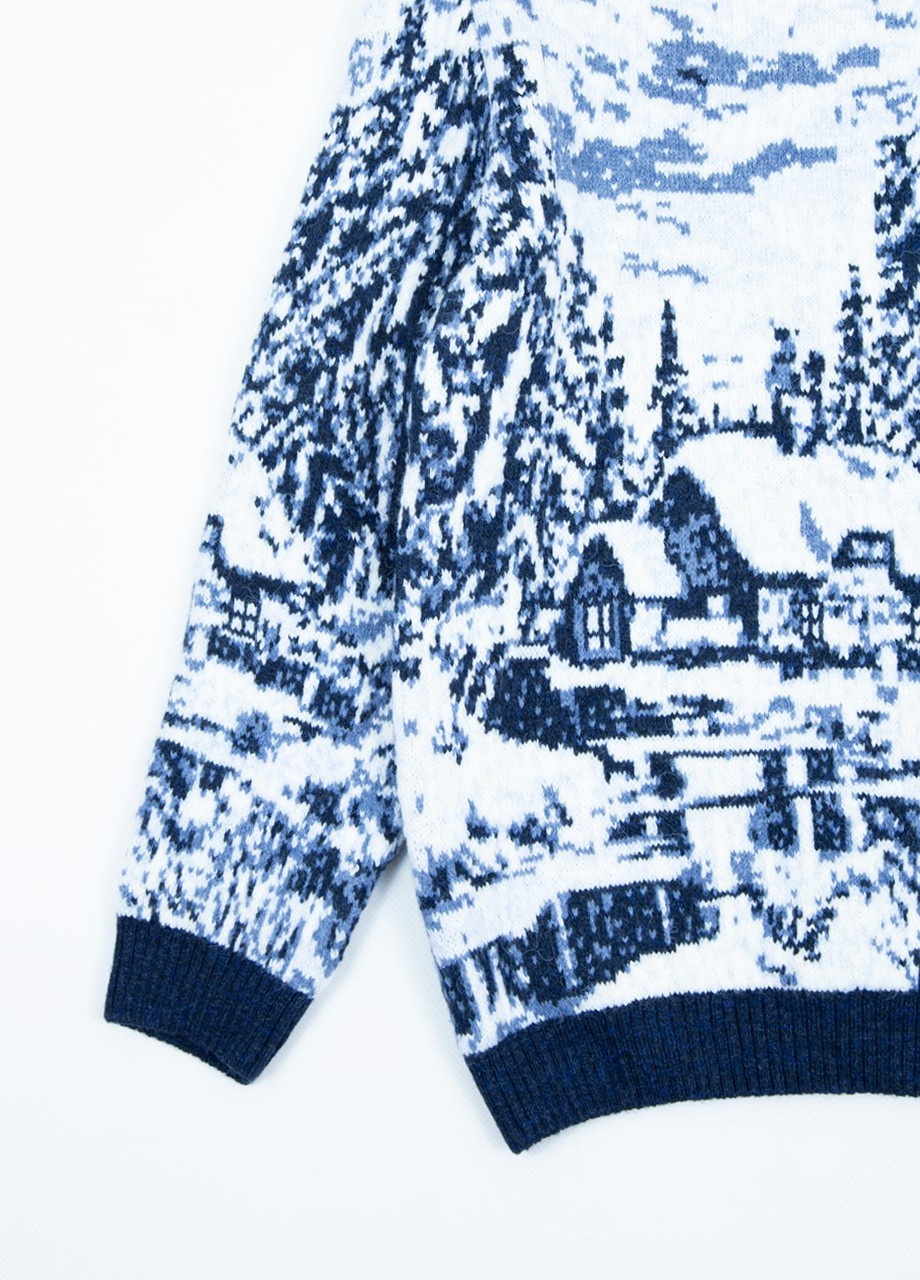 Синий зимний свитер для мальчика зимний темно-синий с елками шерстяной Pulltonic Прямая