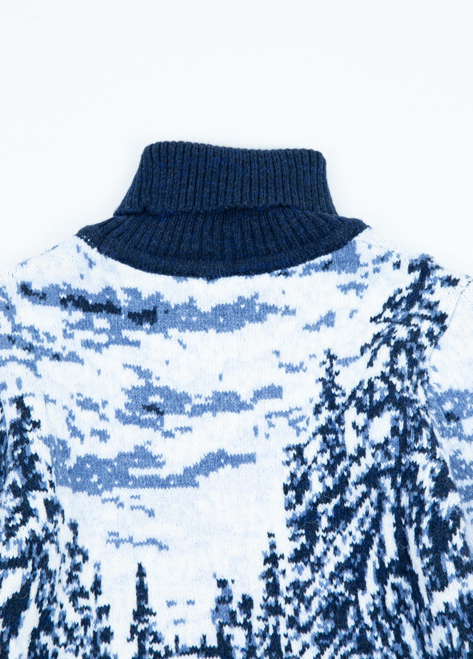 Синий зимний свитер для мальчика зимний темно-синий с елками шерстяной Pulltonic Прямая