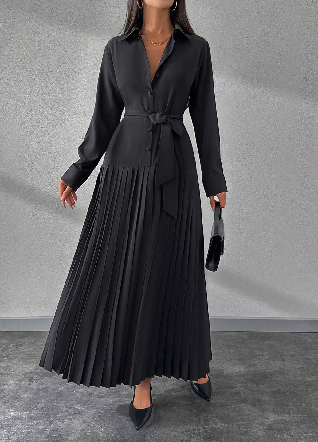 Черное праздничный, деловое платье рубашка, плиссированное SHEIN однотонное