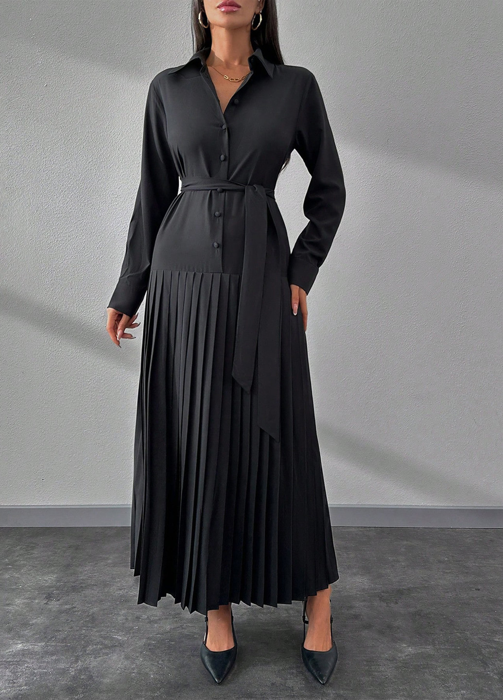 Черное праздничный, деловое платье рубашка, плиссированное SHEIN однотонное