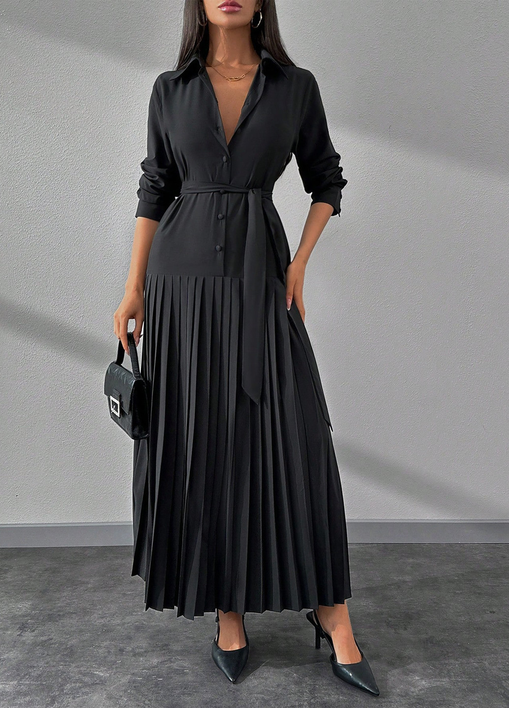 Черное праздничный, деловое платье рубашка, плиссированное SHEIN однотонное