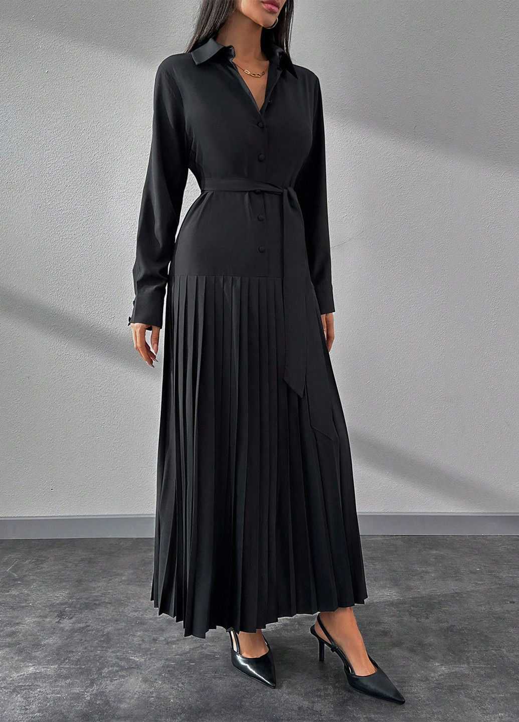 Черное праздничный, деловое платье рубашка, плиссированное SHEIN однотонное