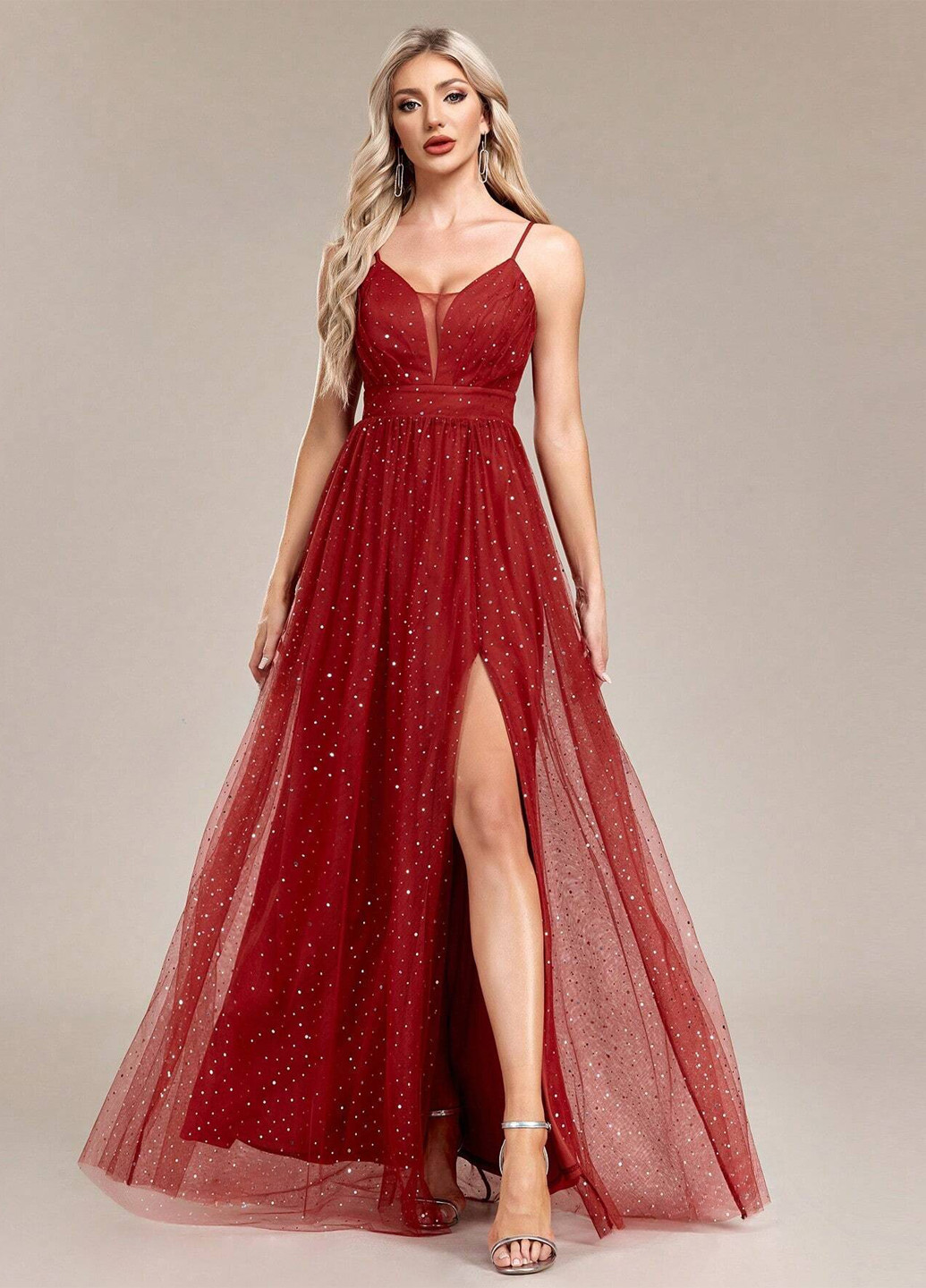 Красное вечернее платье а-силуэт SHEIN однотонное