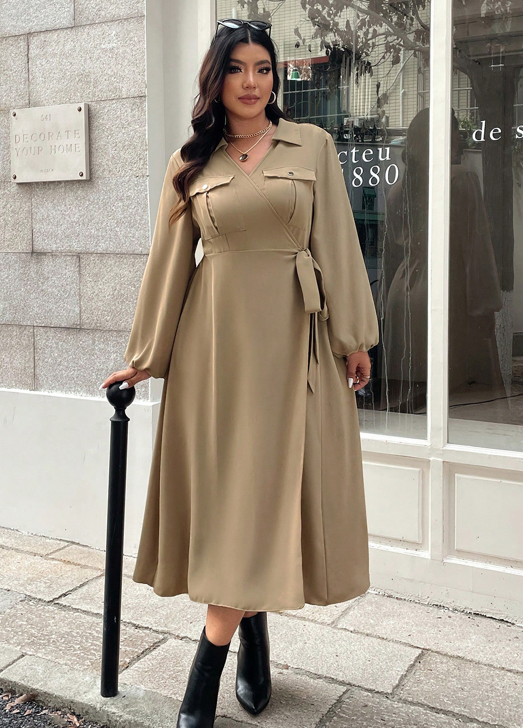 Сіро-бежева святковий, ділова, кежуал сукня кльош, на запах, а-силует SHEIN однотонна