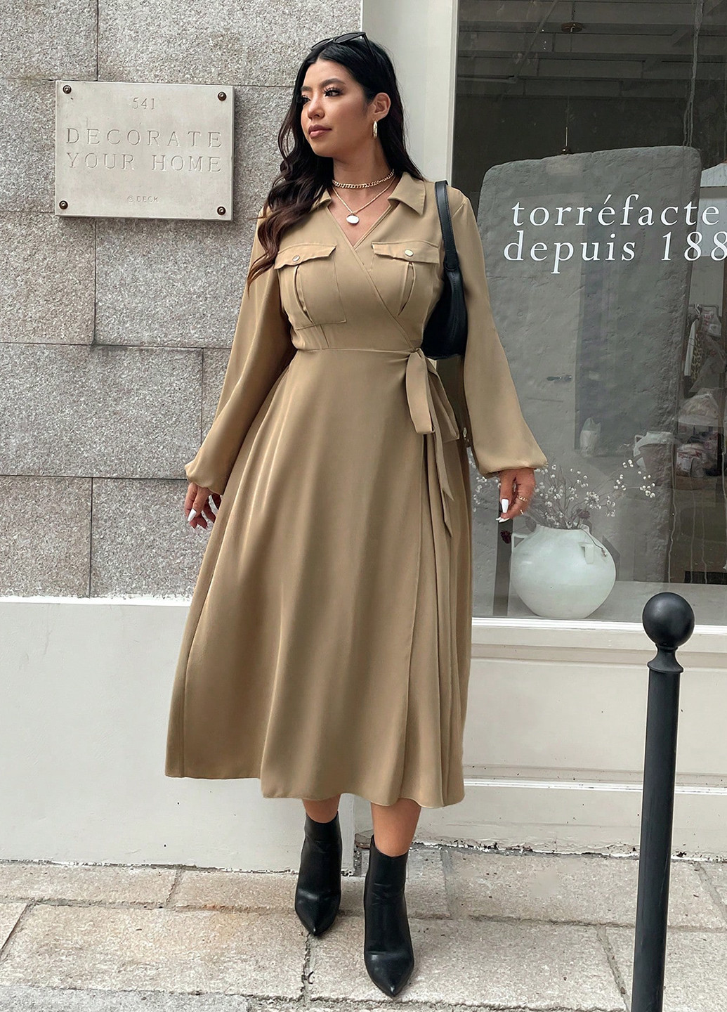 Сіро-бежева святковий, ділова, кежуал сукня кльош, на запах, а-силует SHEIN однотонна