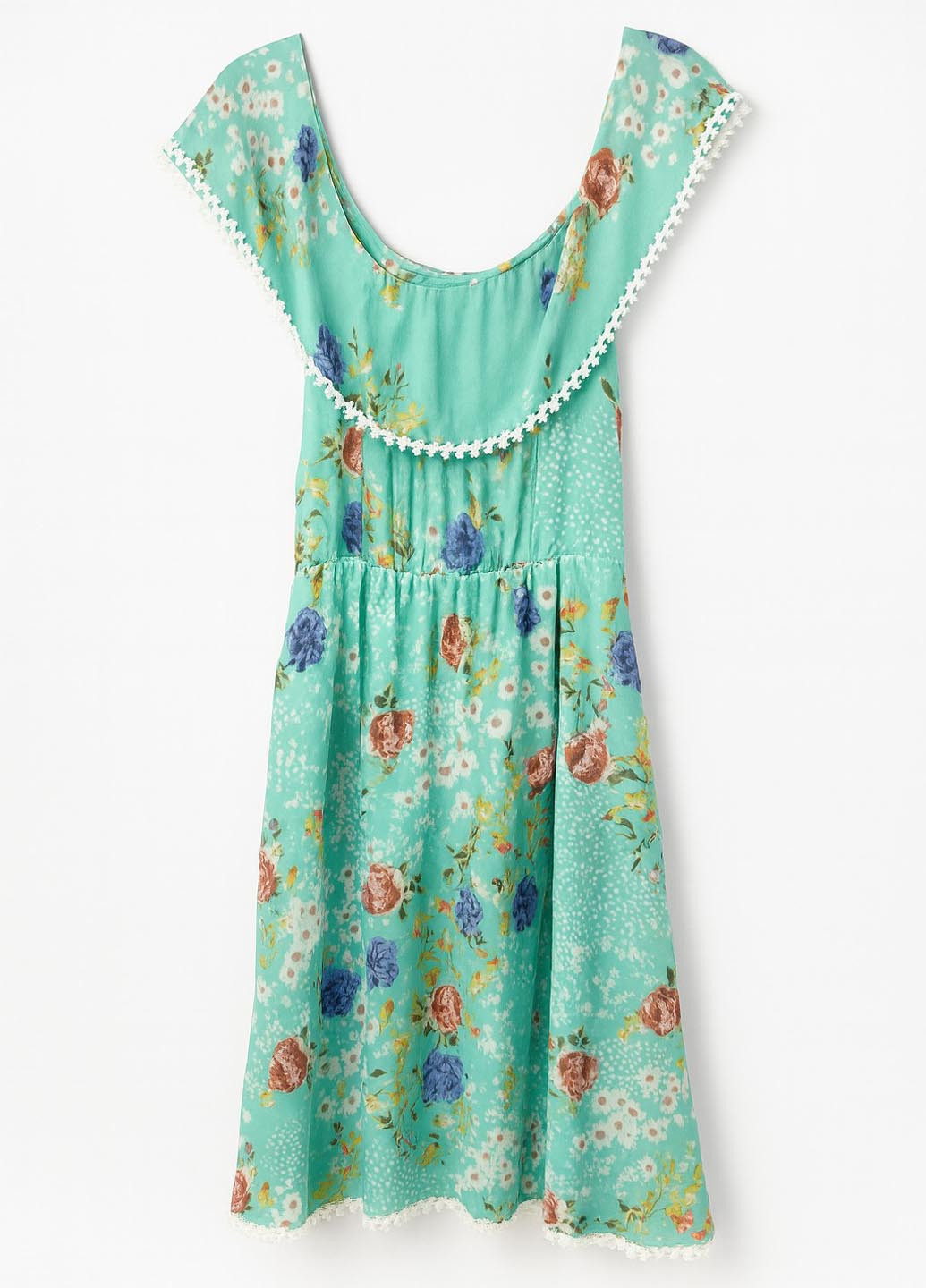 Бирюзовое кэжуал платье с открытыми плечами Vicolo с цветочным принтом