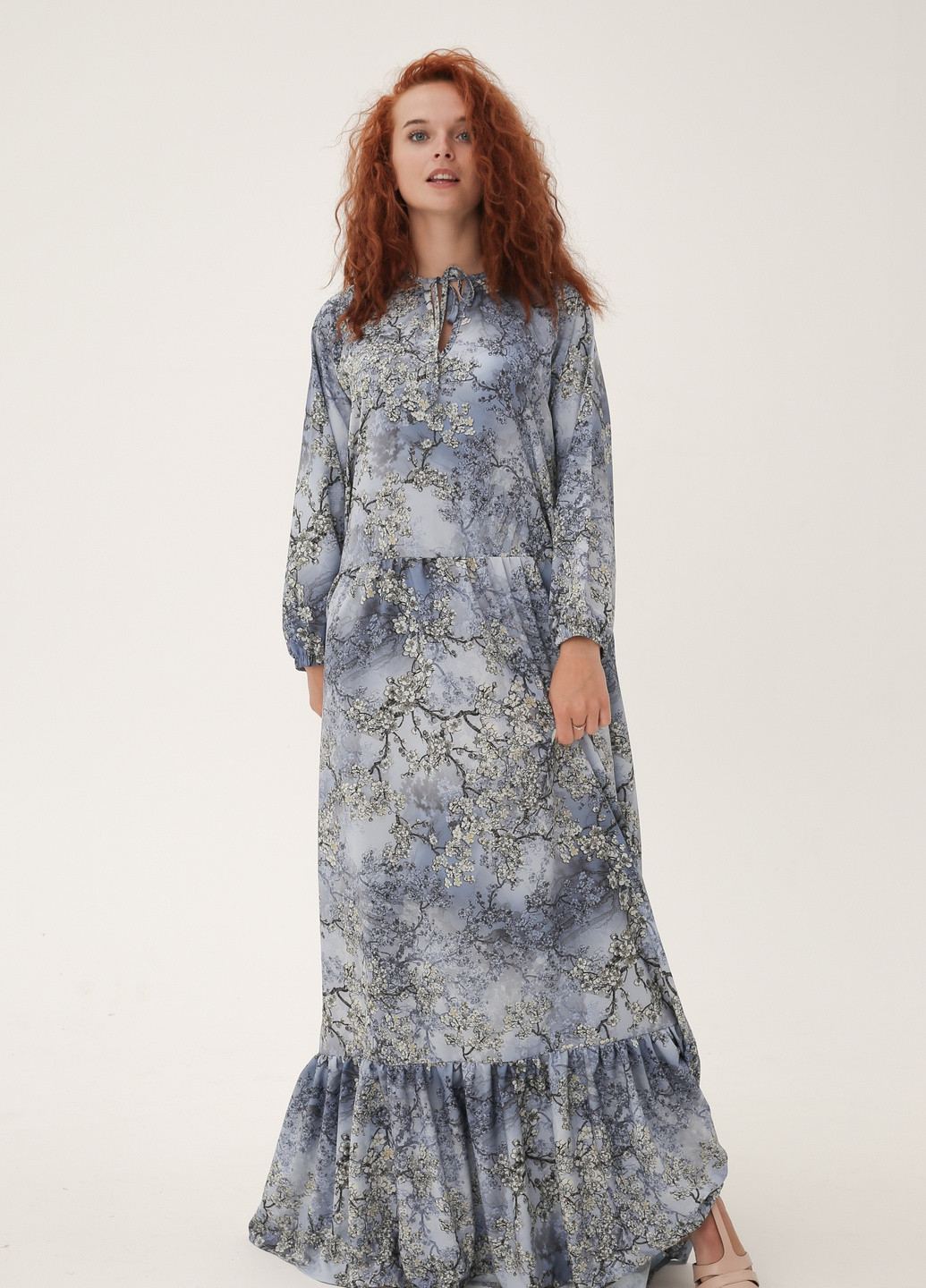 Синя кежуал довга сукня з повітряного софту INNOE з квітковим принтом