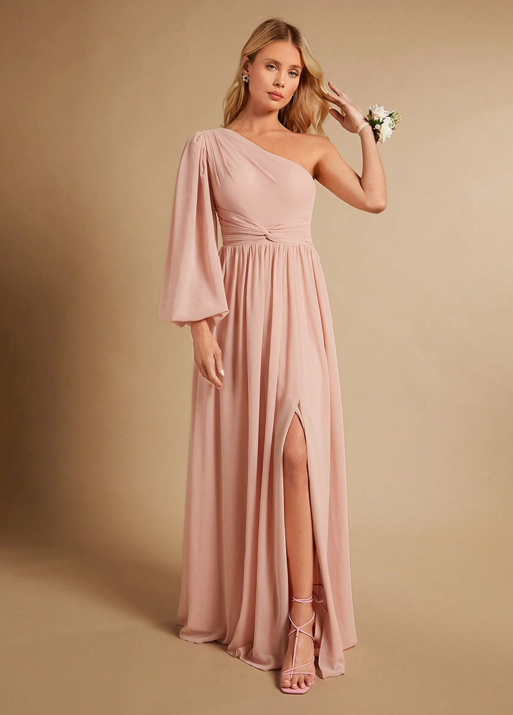 Светло-розовое вечернее платье на одно плечо, а-силуэт SHEIN однотонное