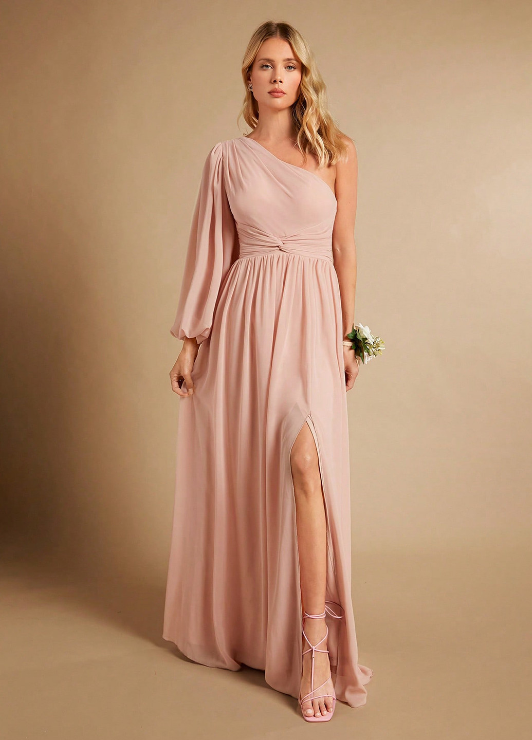 Светло-розовое вечернее платье на одно плечо, а-силуэт SHEIN однотонное