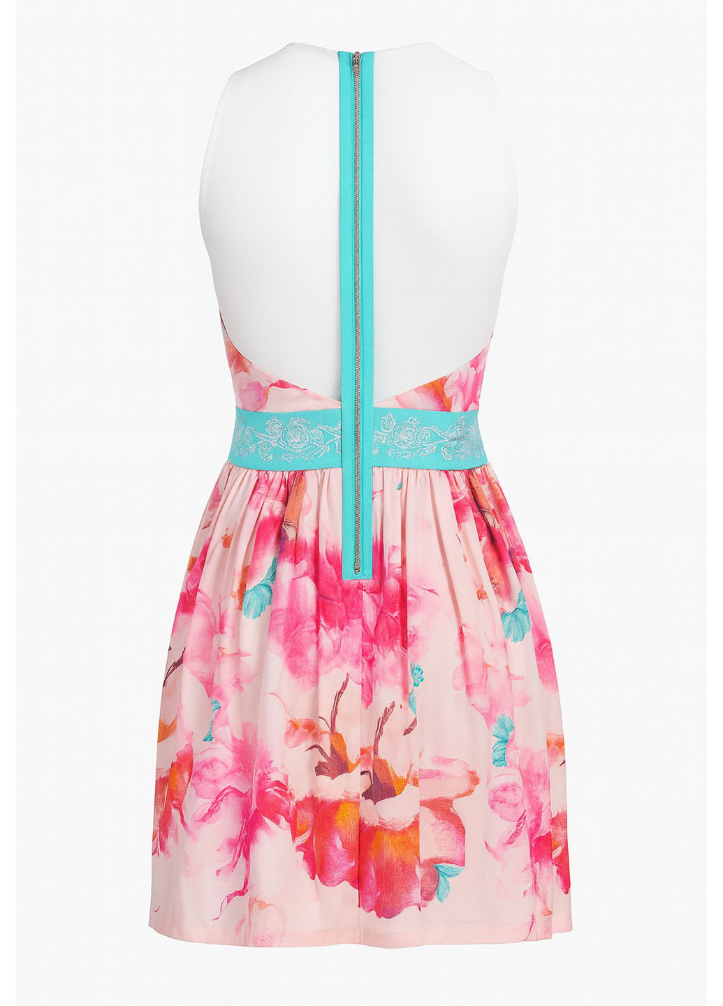 Бледно-розовое коктейльное, кэжуал платье клеш Sassofono с цветочным принтом