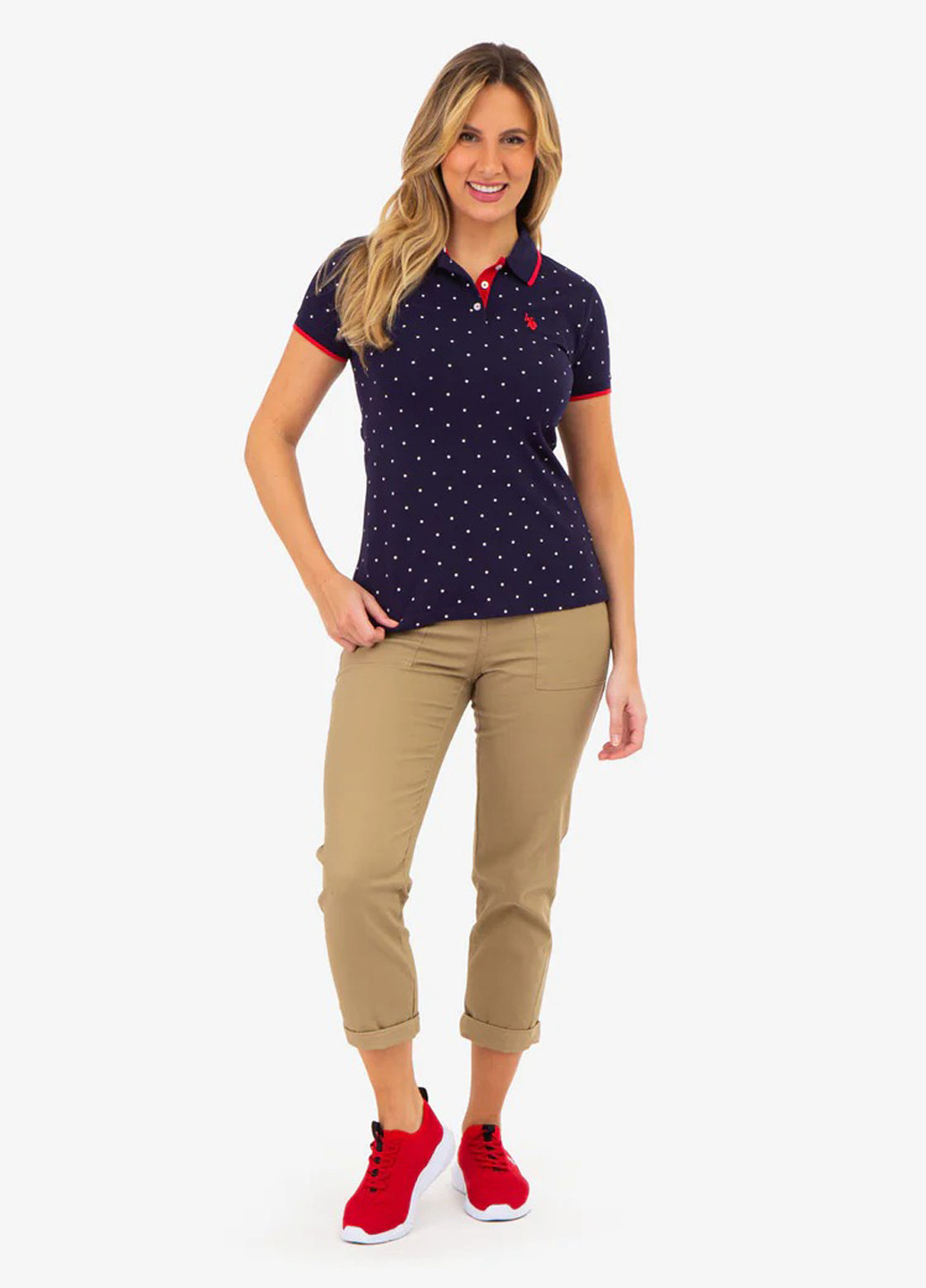 Темно-фиолетовая женская футболка-поло U.S. Polo Assn. в горошек