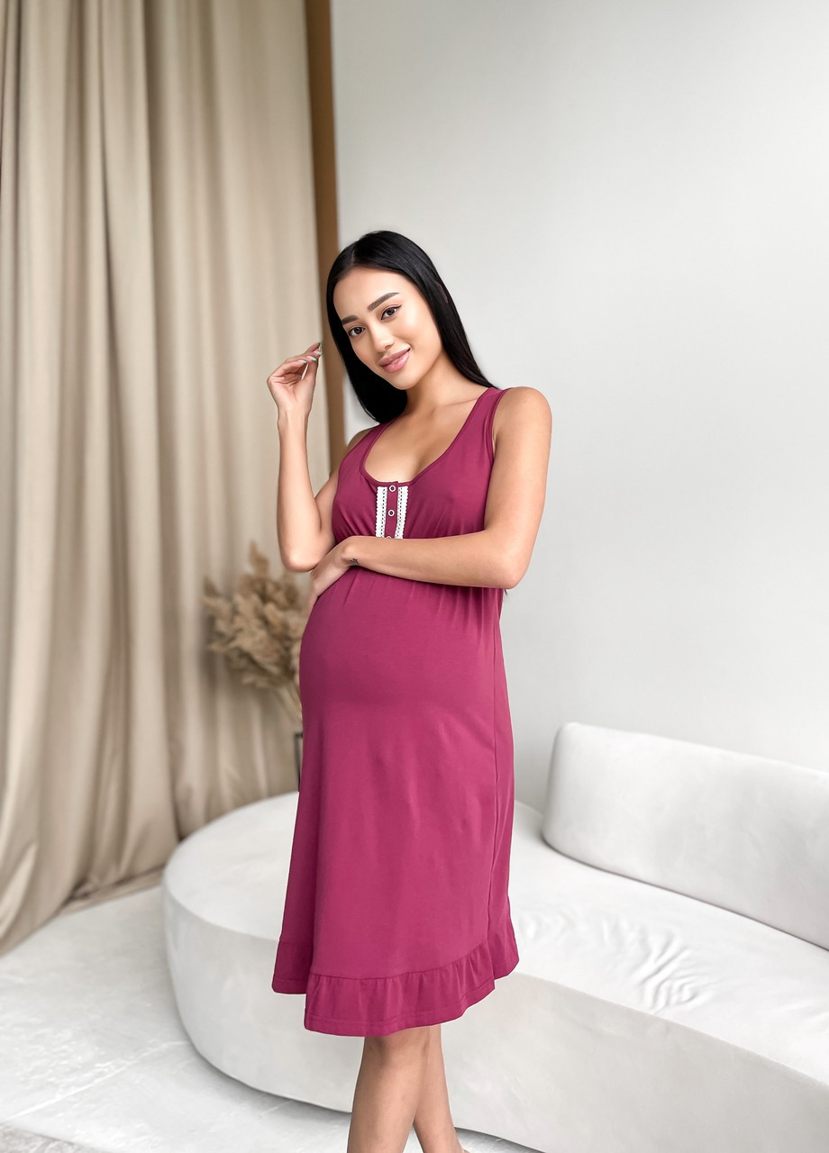 Ночная рубашка для беременных и кормящих мам без рукавов бордовая с секретом для кормления Мамин Дом (252434340)