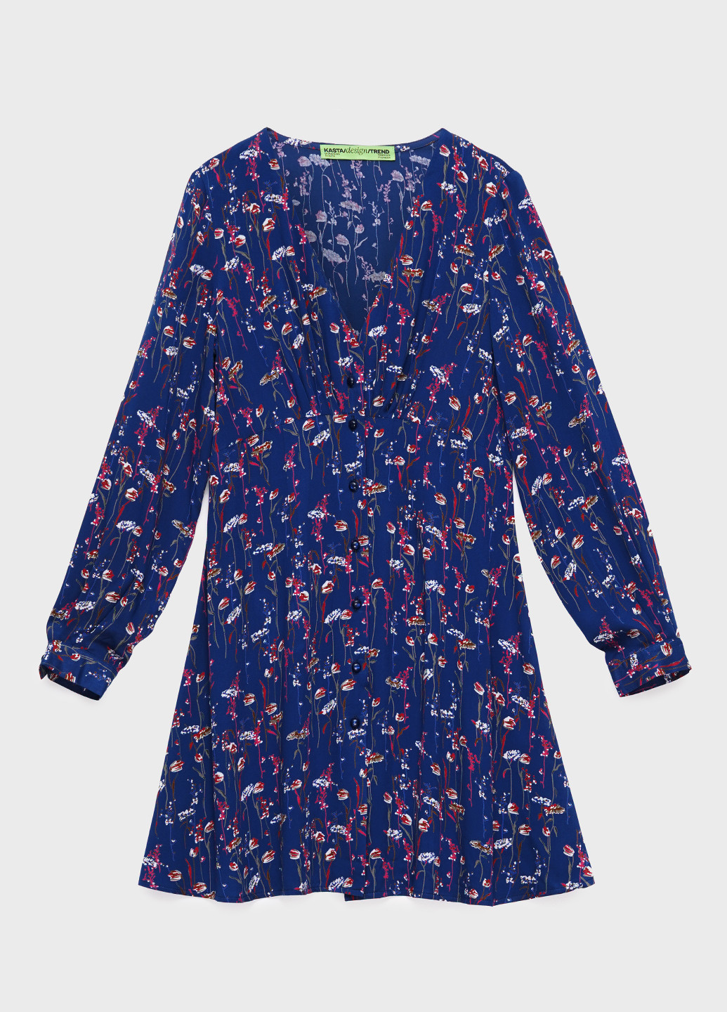 Темно-синее кэжуал платье короткое с v-вырезом и застежкой внизу а-силуэт KASTA design с цветочным принтом