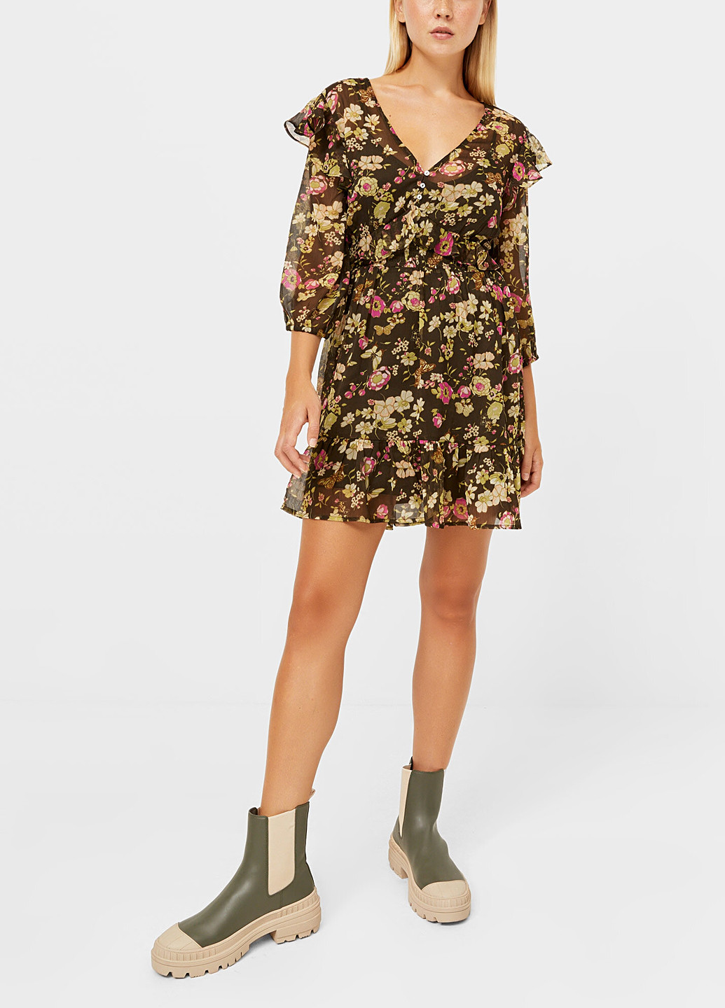 Оливкова (хакі) кежуал сукня а-силует Stradivarius з квітковим принтом