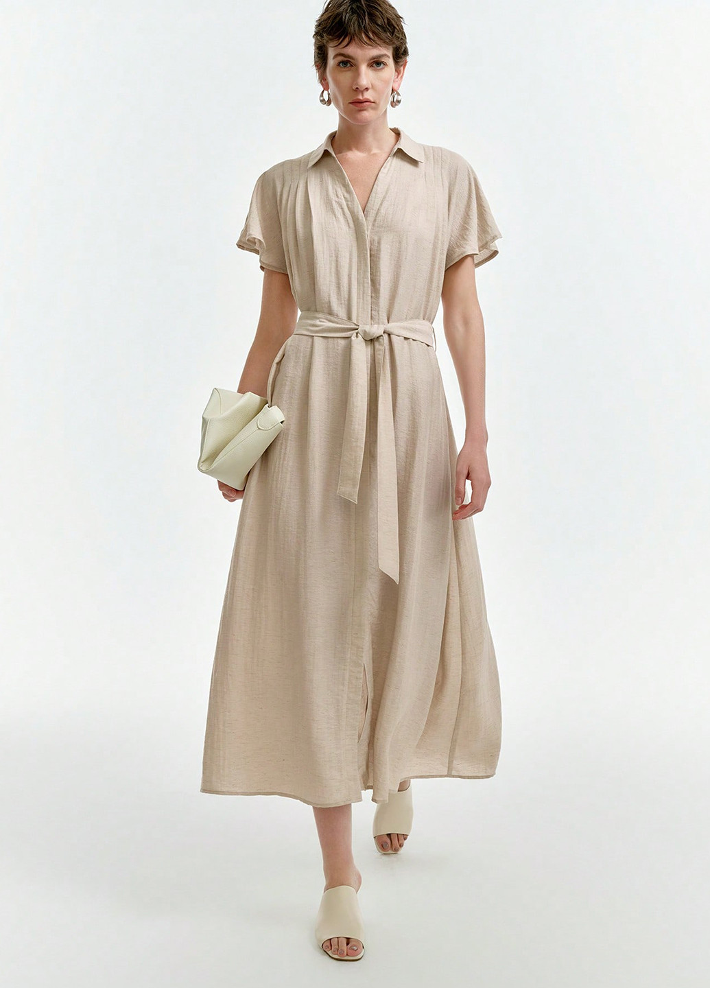 Кремовое деловое, кэжуал платье клеш, а-силуэт, рубашка SHEIN однотонное