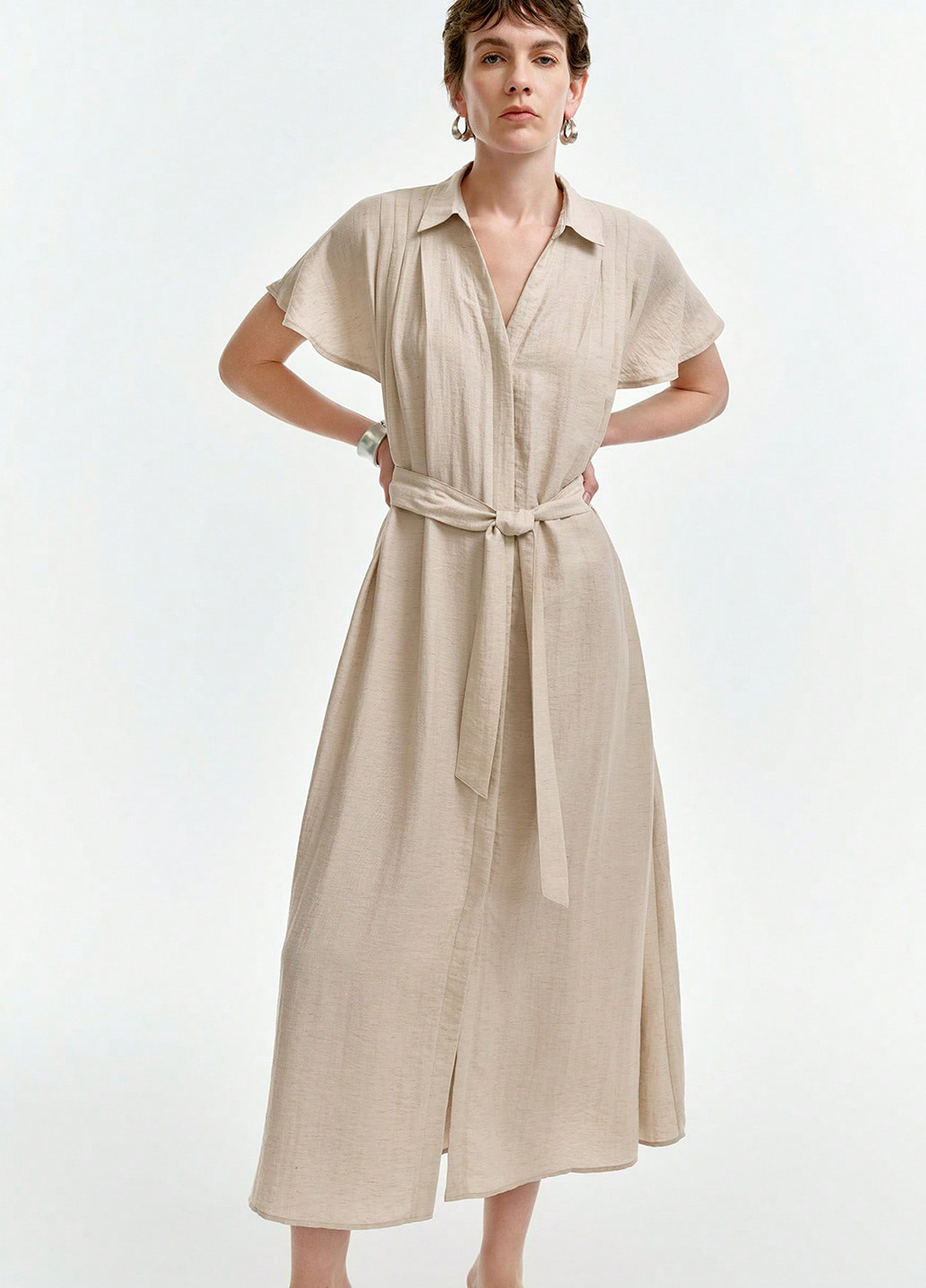 Кремовое деловое, кэжуал платье клеш, а-силуэт, рубашка SHEIN однотонное