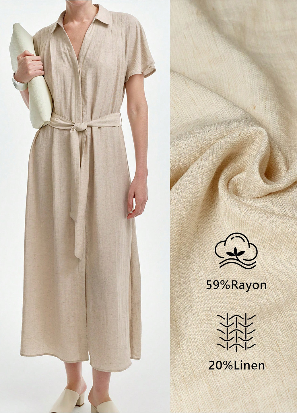 Кремовое деловое, кэжуал платье клеш, а-силуэт, рубашка SHEIN однотонное