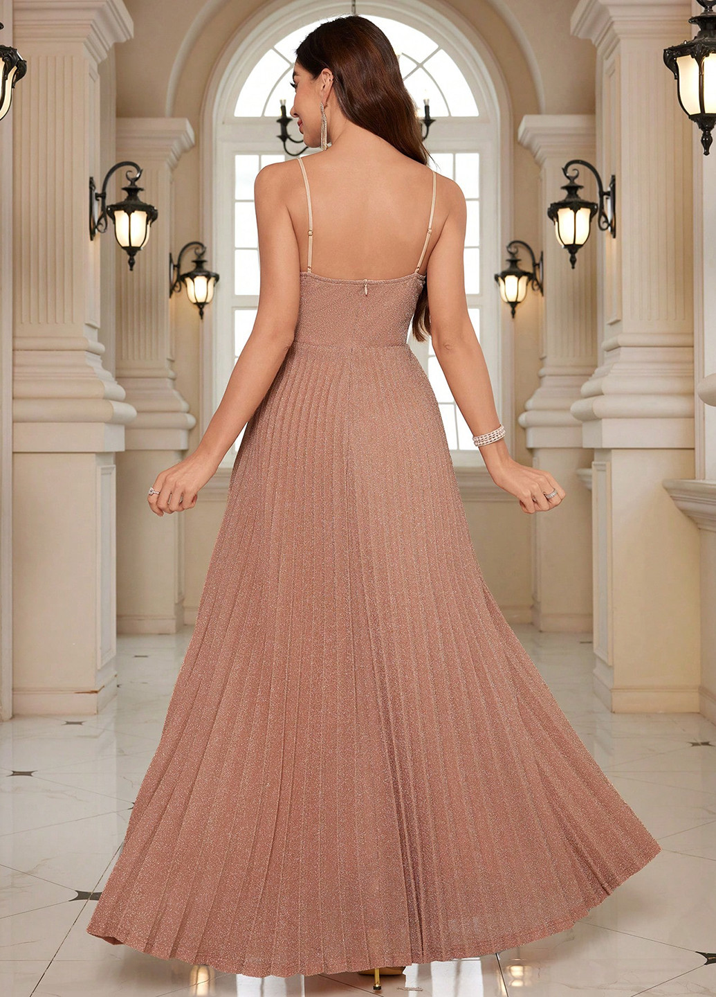 Кремовое вечернее платье плиссированное SHEIN однотонное