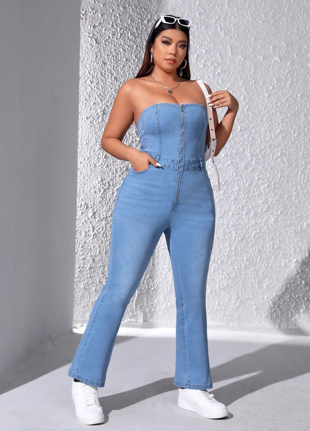Комбинезон SHEIN комбинезон-брюки однотонный голубой кэжуал, денил хлопок, джинс