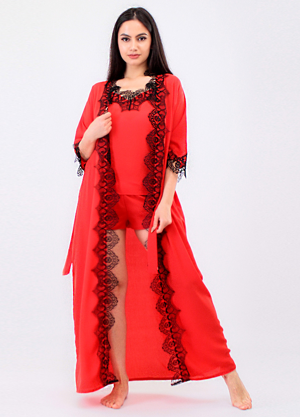 Красный демисезонный комплект (топ, шорты, халат) Ghazel