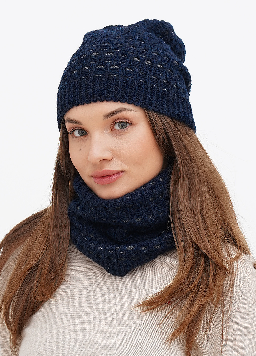 Темно-синий зимний комплект (шарф-снуд, шапка) Luca